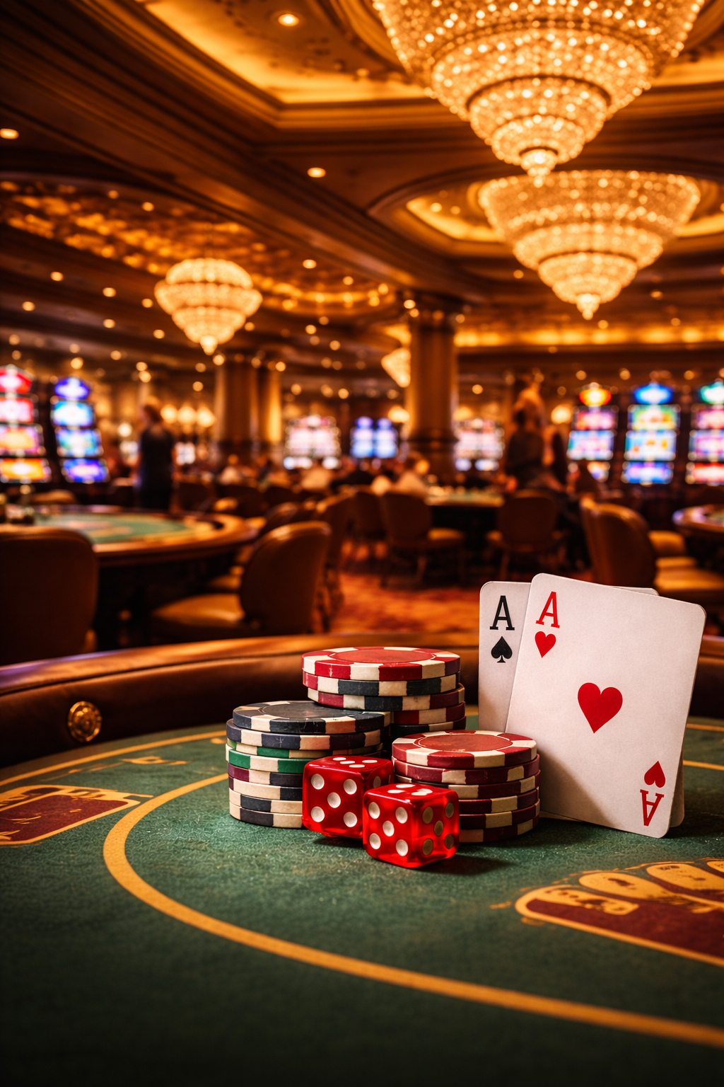 夜のホテル内部とカジノフロアの華やかさ