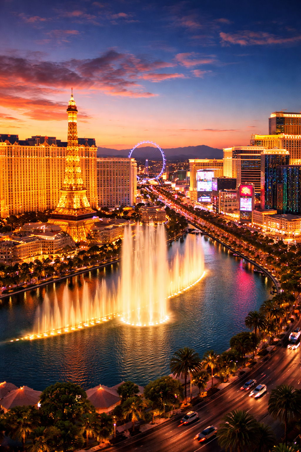 Las Vegas skyline and fountains at dusk