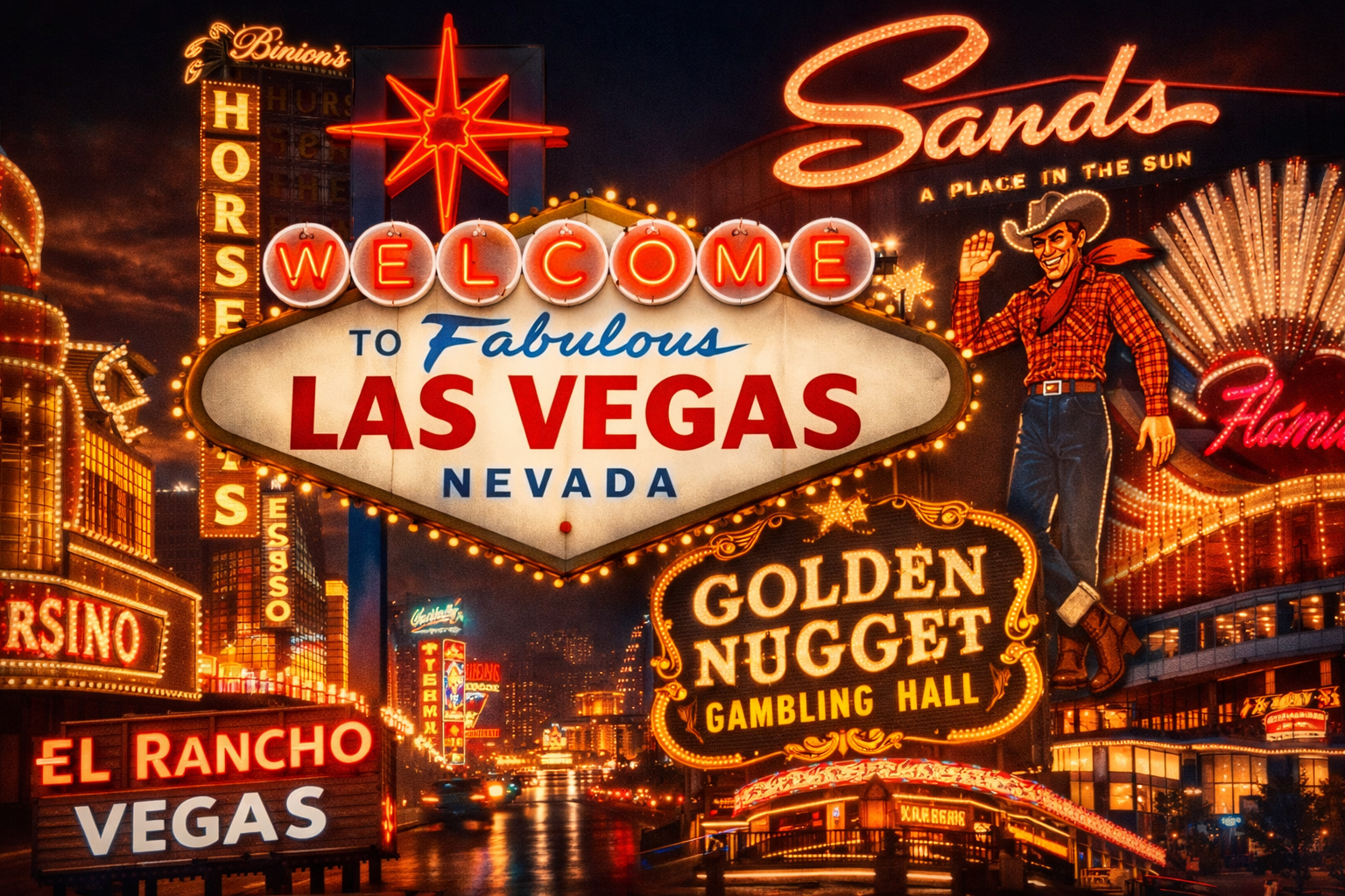 ネオン、ホテル、舞台が重なるラスベガスの歴史イメージ